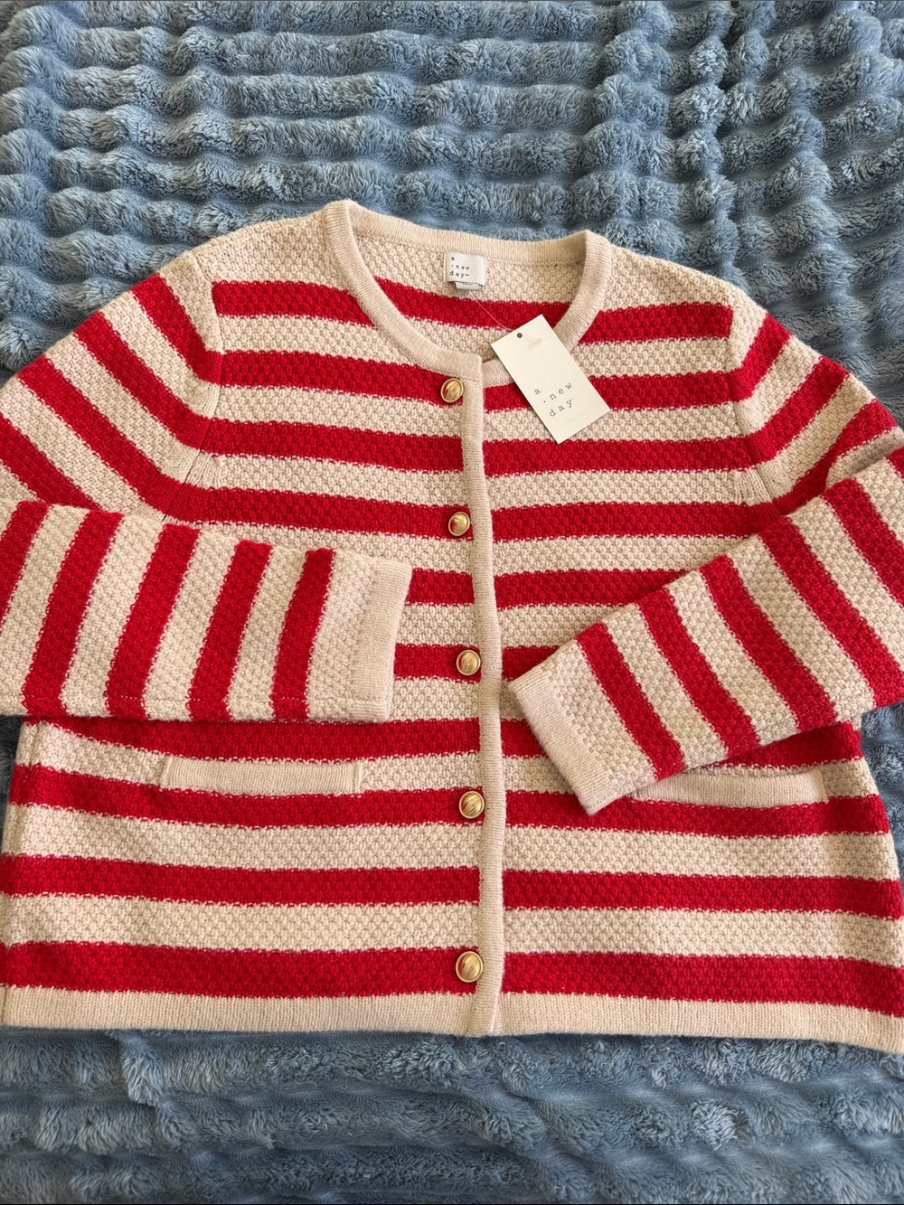 a new day Red & Cream Striped Knit Cardigan with Gold Buttons